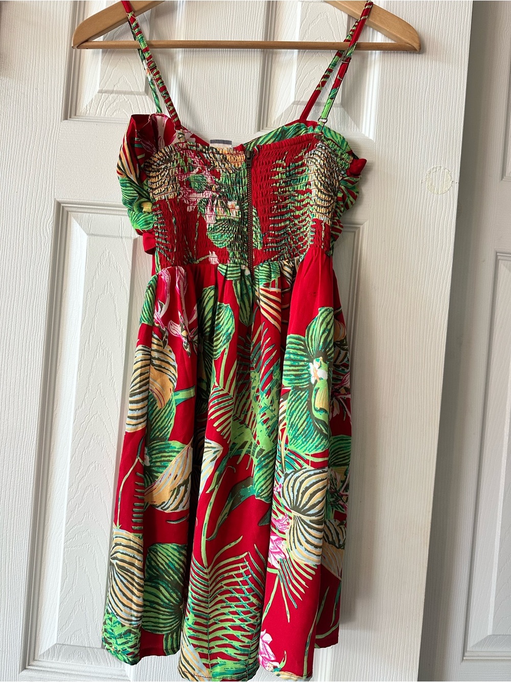 Roxy red mini dress with green and beige tropical leaf print, size XS - Picture 3 of 3